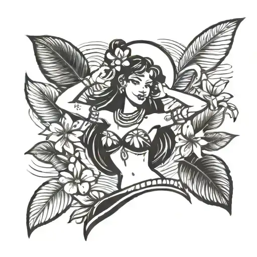 sailor Jerry's style hula girl topless tattoo black and white small simple tattoo design idea