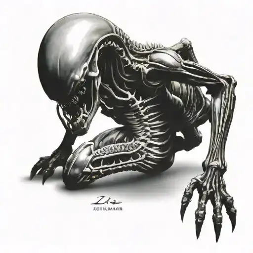 xenomorph crawling down leg tattoo design idea