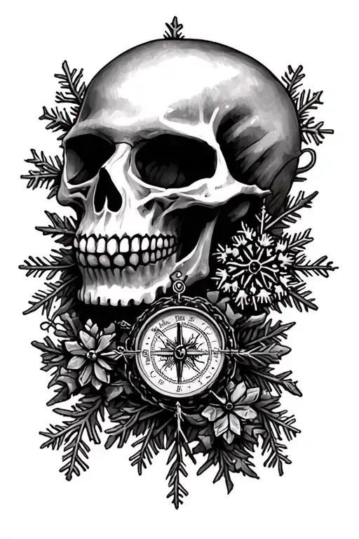 "Memento mori,Ella, Miko, Jakob" "Memento mori,Ella, Miko, Jakob" skullcompass , add a mini caravan and snow flakes tattoo design idea