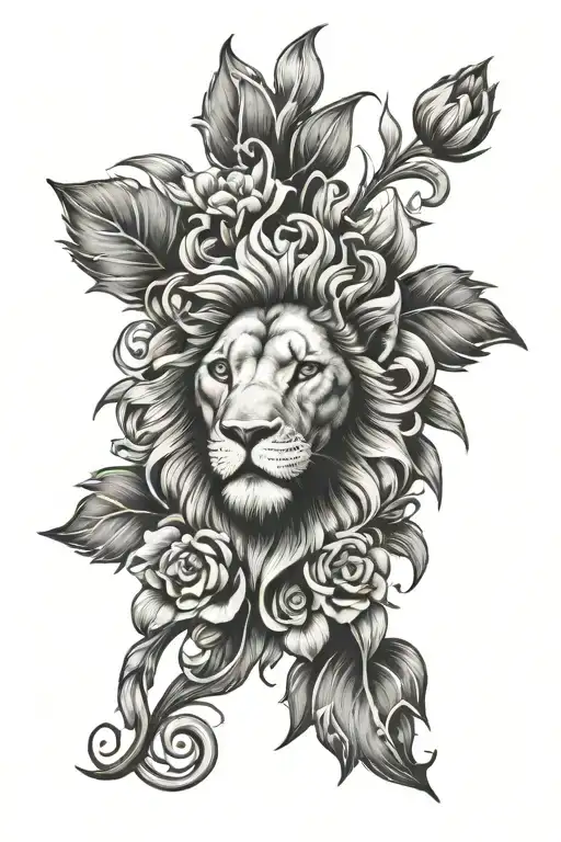 sun heart lion flowers and pain tattoo design idea