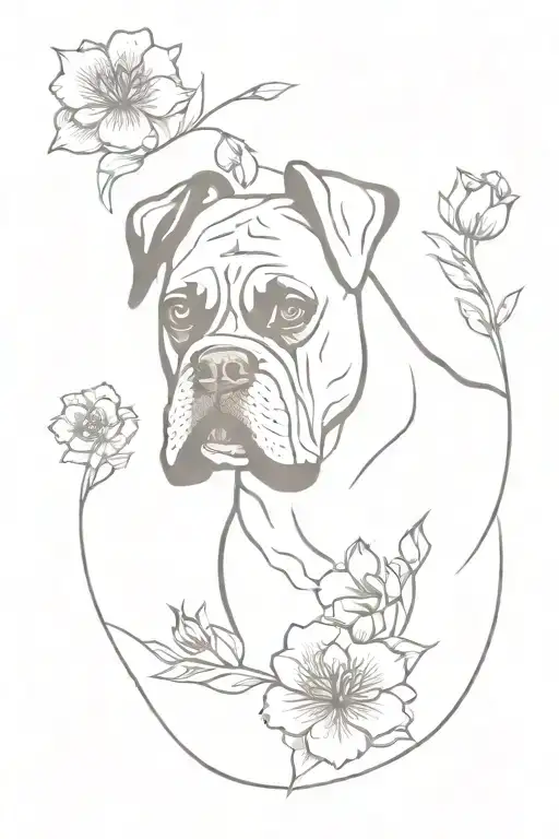 boxer dog with flowers tattoo design idea