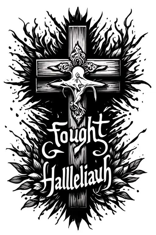 cross surrounded with "hard fought hallelujah " wrote tattoo design idea