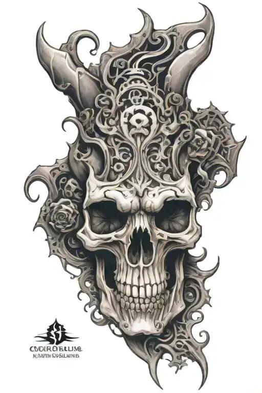 Acid fractals sinister animal skull wearing figure tattoo design idea