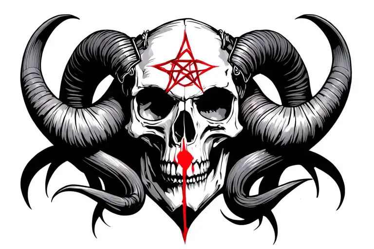 skull with goat horns and red pentacle in the center of the forehead tattoo design idea