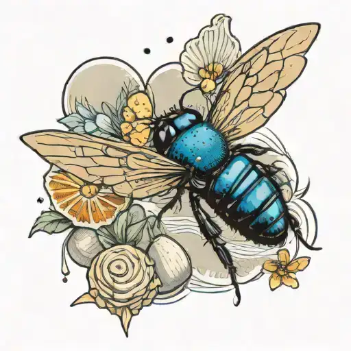 blue carpenter bee on the beach with sea shells tattoo design idea