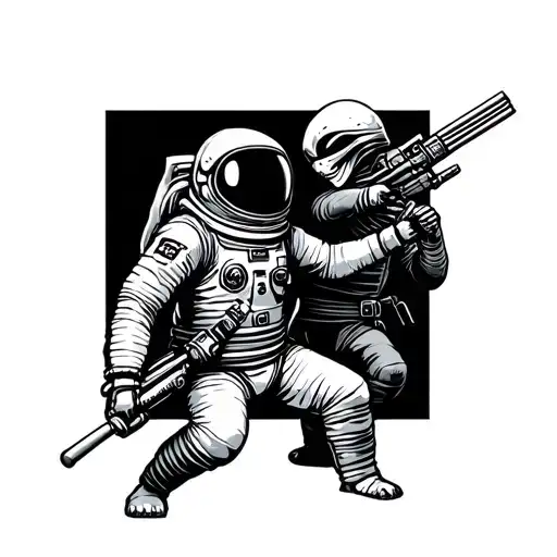 a astronaut that is a samurai facing a alien that is a ninja tattoo design idea