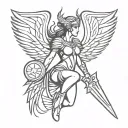 valkyrie on side with wings lines dots signs tattoo design idea