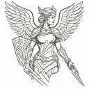 valkyrie on side with wings lines dots signs tattoo design idea