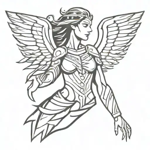 valkyrie on side with wings lines dots signs tattoo design idea