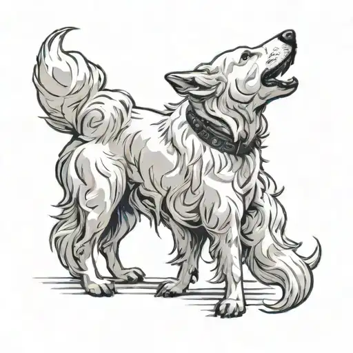 2 white swiss shepherds opposite each other from a side profile view. 1 of them barking aggressively, the other is happy tattoo design idea