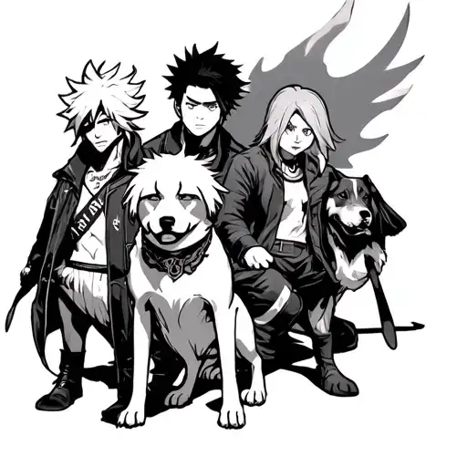 Tengan from demon slayer, bakugo from my hero, choso from Jjk, zoro from one piece, and then anya with her dog from spy  tattoo design idea