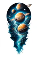 a universe with alot of planets flowing down a nebula, the planets are inside the river tattoo design idea