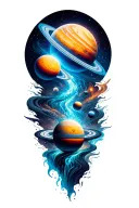 a universe with alot of planets flowing down a nebula, the planets are inside the river tattoo design idea
