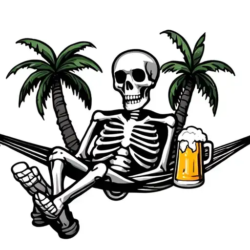 cartoonish skeleton with a beer mug on a hammock between two palm trees, vibrant tattoo design idea