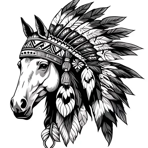 horse head with native american headdress tattoo design idea