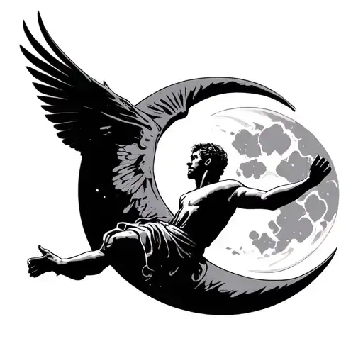 atheist humanist man flying in front of a crescent moon tattoo design idea