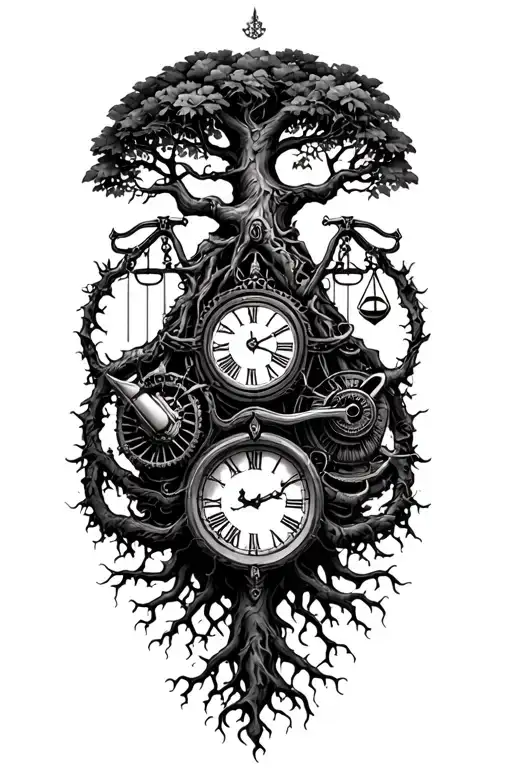 gothic tree of life with midevil roots intertwined with v-twin motor, libra scales and a clock tattoo design idea