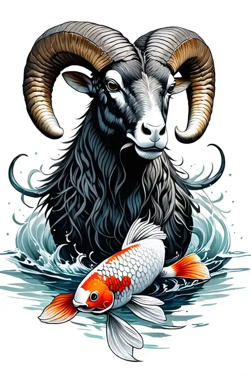 ram with 2 koi fish circling the ram water background tattoo design idea