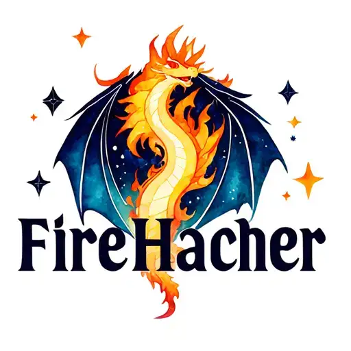 Make a logo for word "FireHacher." Fire breathing space dragon, stars, moons, space elements, more dragon element tattoo design idea