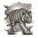 sunset and tiger walking tattoo design idea