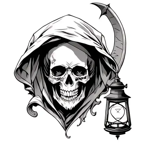 Side skull with hood and sickle and lantern in hand  tattoo design idea