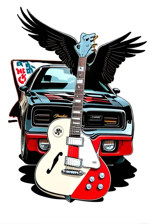 Red and white Fender Avenger guitar at a 45 degree angle behind a 1976 Pontiac Trans Am hood bird. tattoo design idea