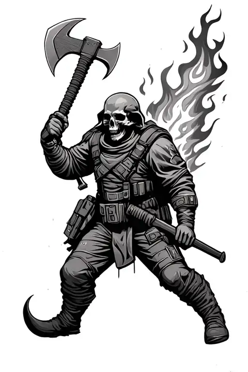 Skulls spec ops soldier carrying axe and fire flames tattoo design idea