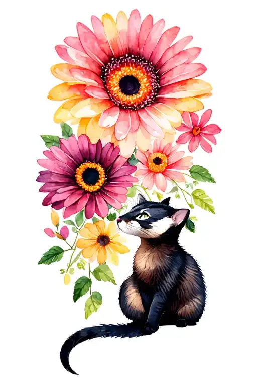 badger and cat, gerbera, delicate flowers intertwined tattoo design idea