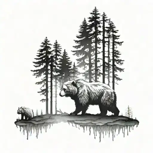 forest, fog, bear and owl tattoo design idea
