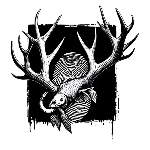 fingerprint, antlers, fish hook intertwined tattoo design idea