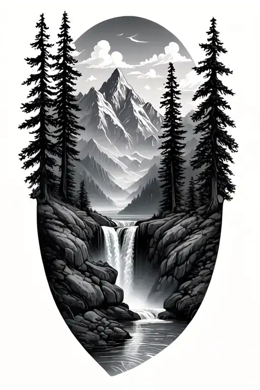 mountains, waterfall and trees tattoo design idea