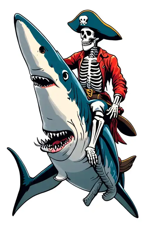 skeleton pirate riding a shark  tattoo design idea