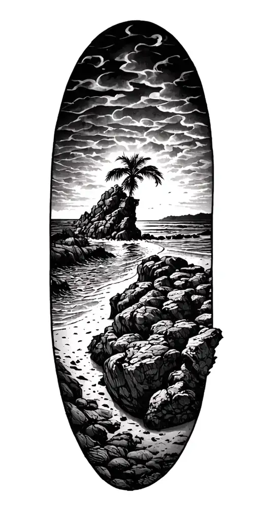 beach scene, with Greek key intertwined tattoo design idea