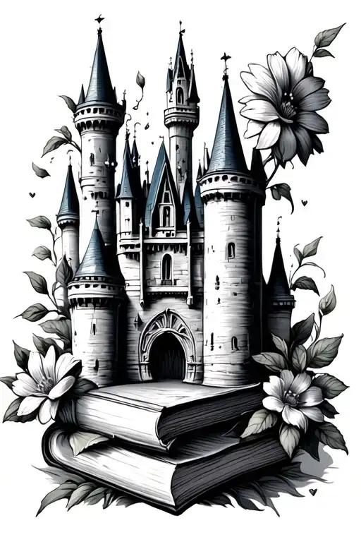 flowers books disney castle tattoo design idea