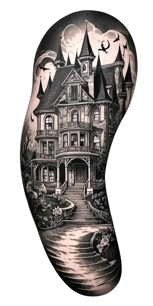Disney World Haunted Mansion themed tattoo incorporating the actual Mansion tattoo design idea
