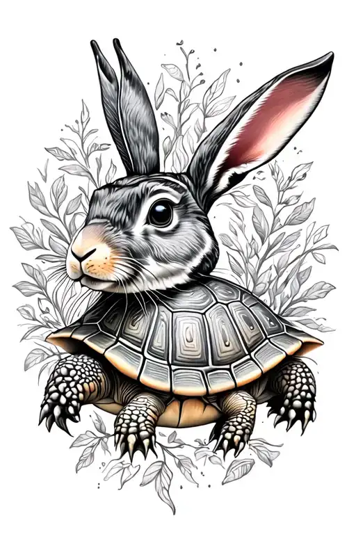 Festina lente meaning with turtle and rabbit combination explains slowly hasten. Hand drawn and detailed tattoo design idea