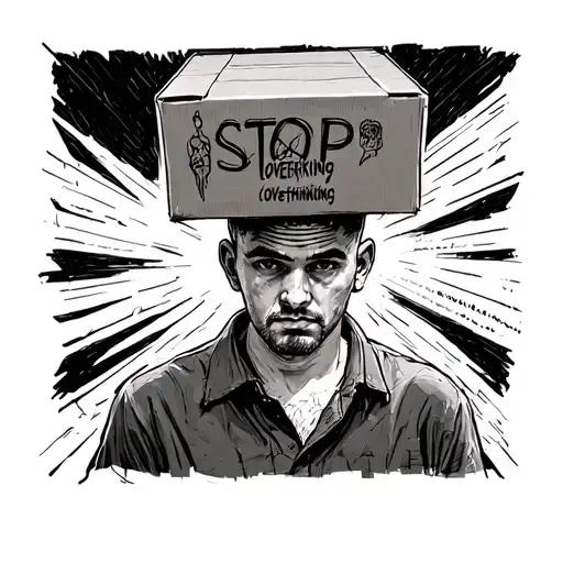 man with box on head saying stop overthinking sketch tattoo design idea