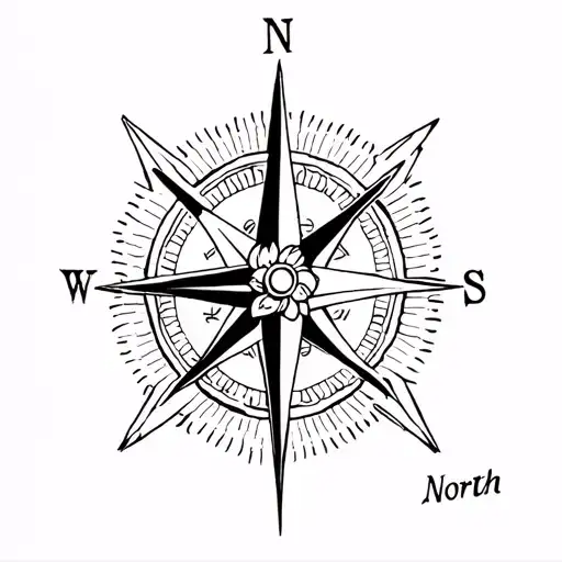 simple compass cross with arrow pointing North with small lotus flower in bottom right hand corner, anchor  tattoo design idea