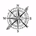 simple compass cross with arrow pointing North with small lotus flower in bottom right hand corner, anchor  tattoo design idea