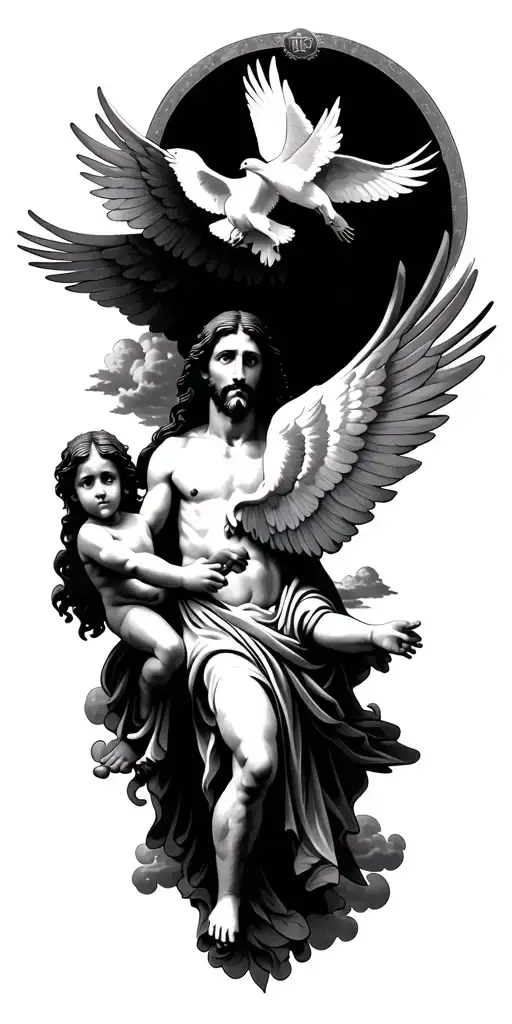 heaven, Jesus Christ, clouds, doves, baby angle with wings tattoo design idea