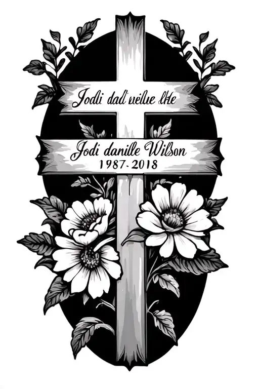 cross with flowers intertwined with Jodi danielle Wilson written with the date 1987-2018 tattoo design idea