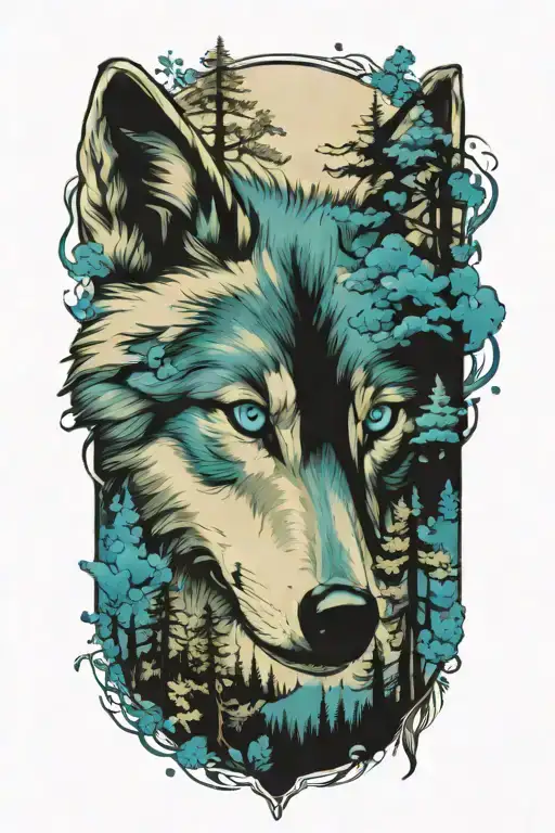 wolf blue eyes forest landscape tattoo design idea