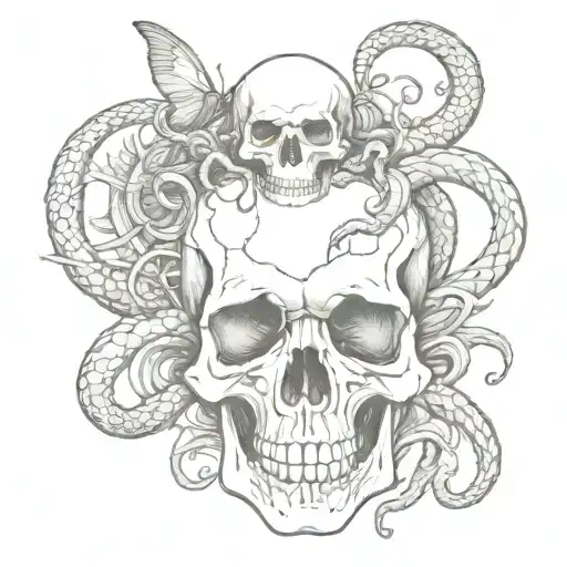 Skull with snakes and bugs tattoo design idea