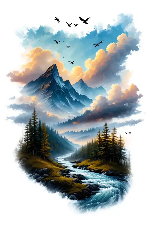 dramatic sky with tiny birds, then mountains, and dark forest, and the river flowing down (tattoo for forearm) tattoo design idea