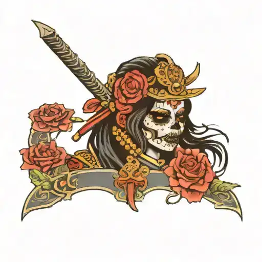 Day of the Dead themed samurai girl tattoo design. tattoo design idea