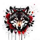 Wolf, black roses and leaves in the background tattoo design idea