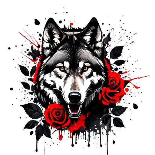 Wolf, black roses and leaves in the background tattoo design idea