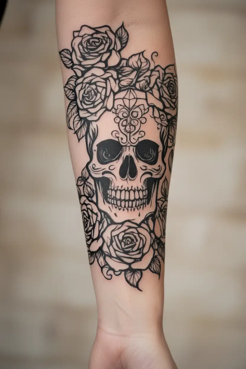 simple skull and roses entwined stencil style for women  tattoo design idea