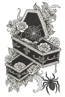 Coffin with the on lid, Rose, spider web, blood droplets tattoo design idea