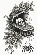 Coffin with the on lid, Rose, spider web, blood droplets tattoo design idea